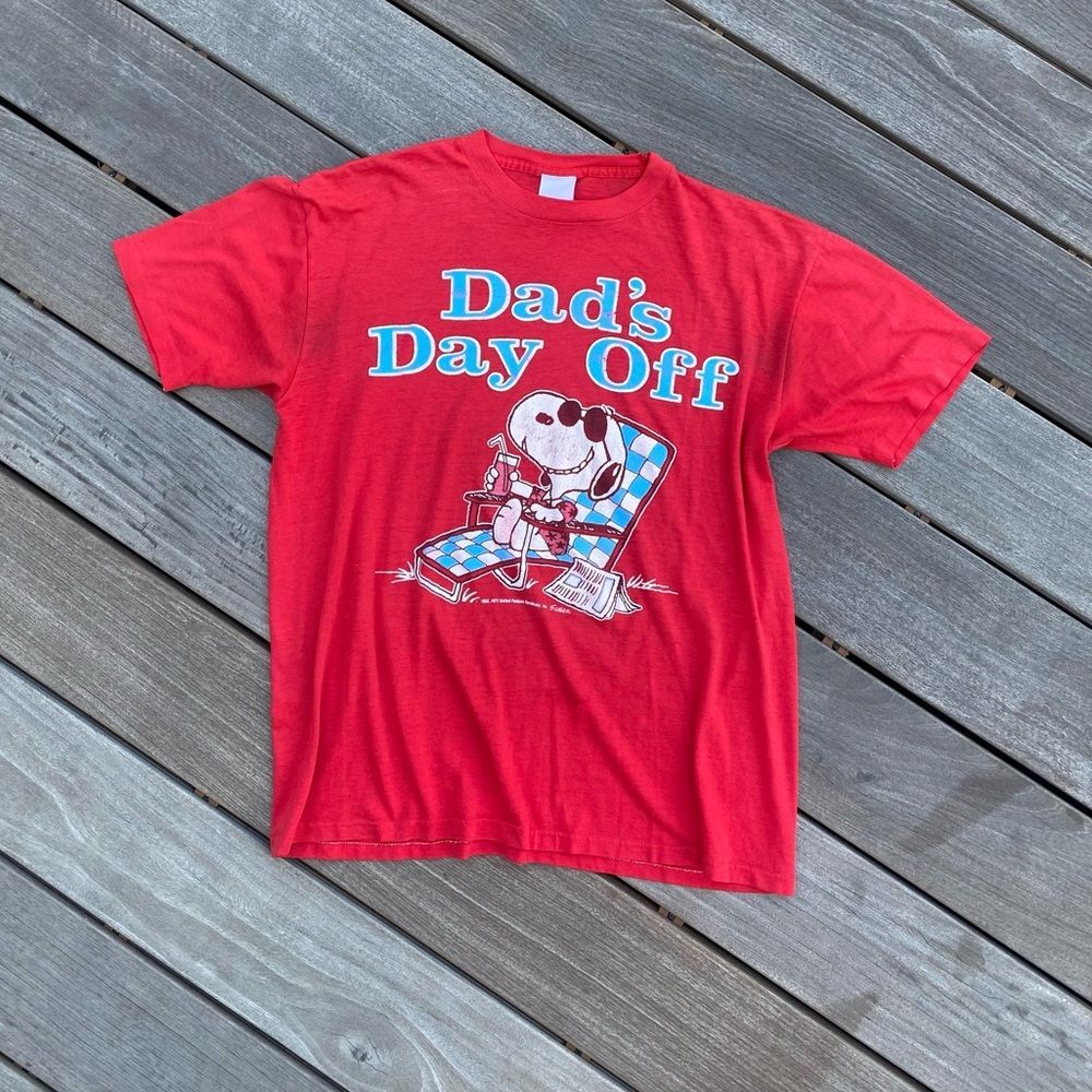 Vtg 1971 Dads Day Off Snoopy Shirt Single Stitch Super Thin Red S M Men’s